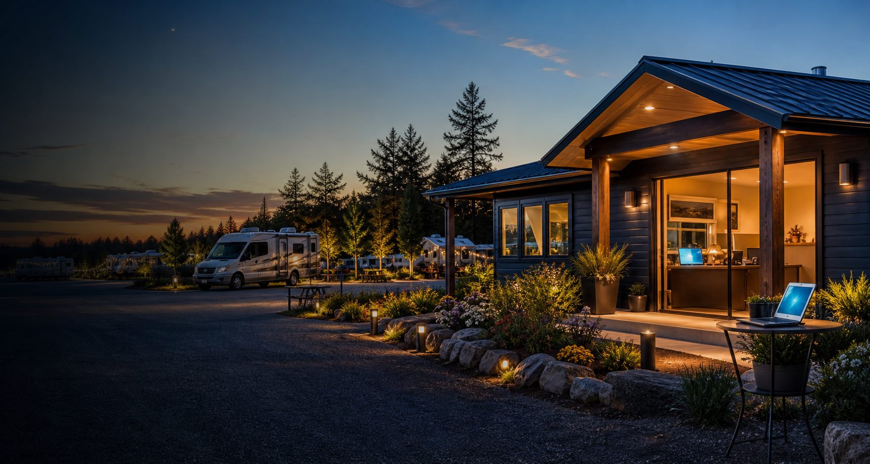 Modern RV park office at golden hour with booking and online growth atmosphere