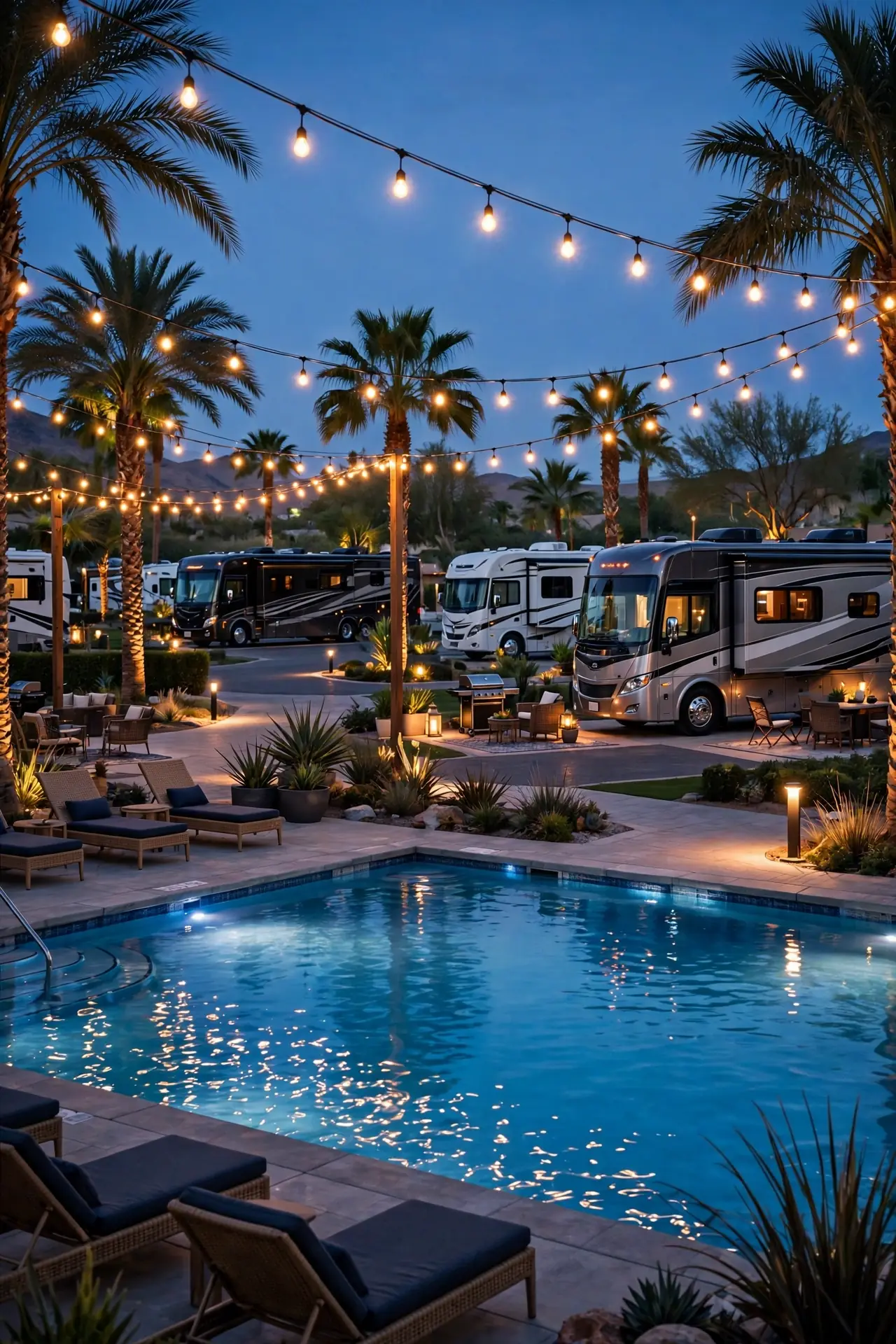 Upscale RV resort pool at dusk with luxury motorhomes