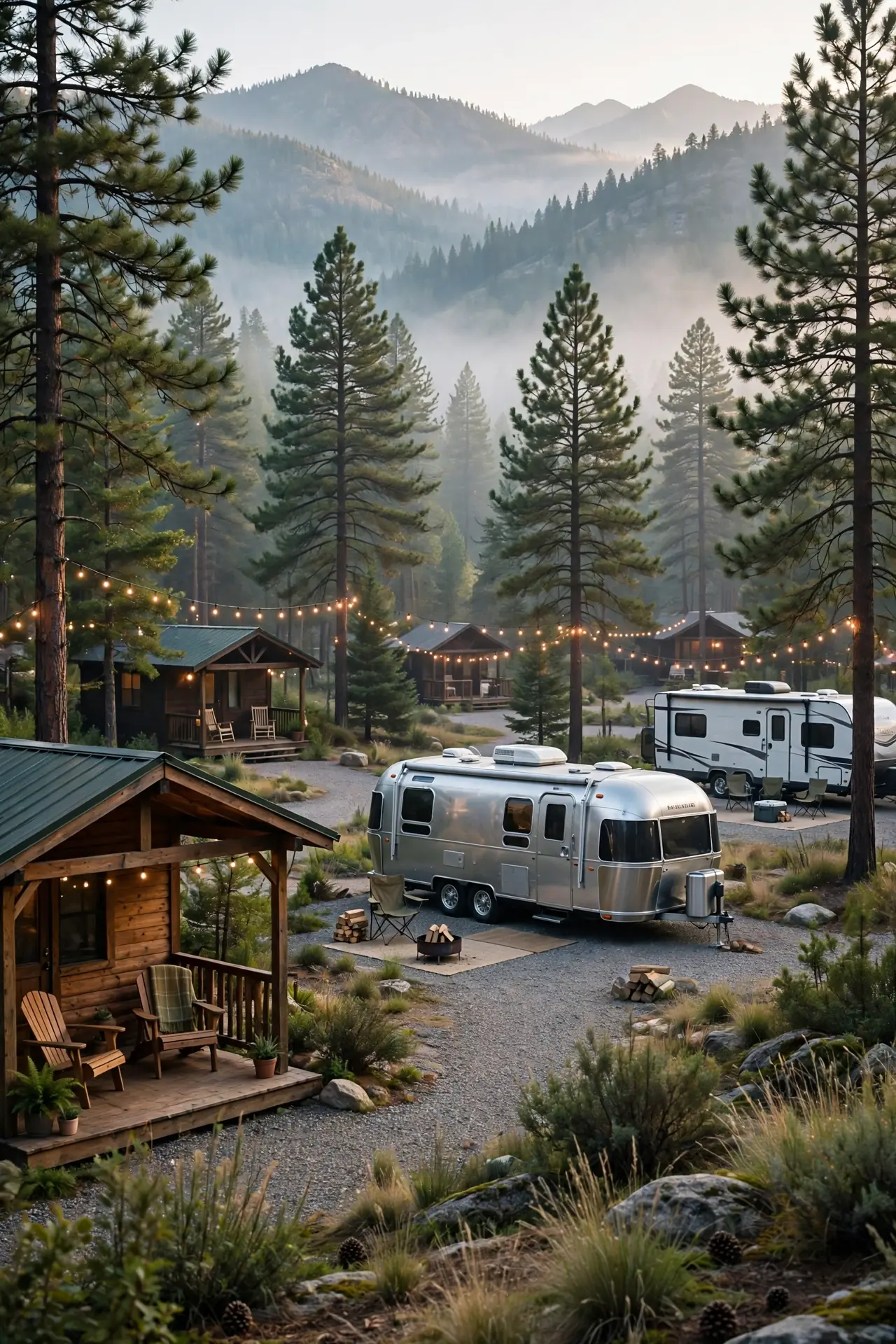 Modern RV park with cabins among pine trees in morning light
