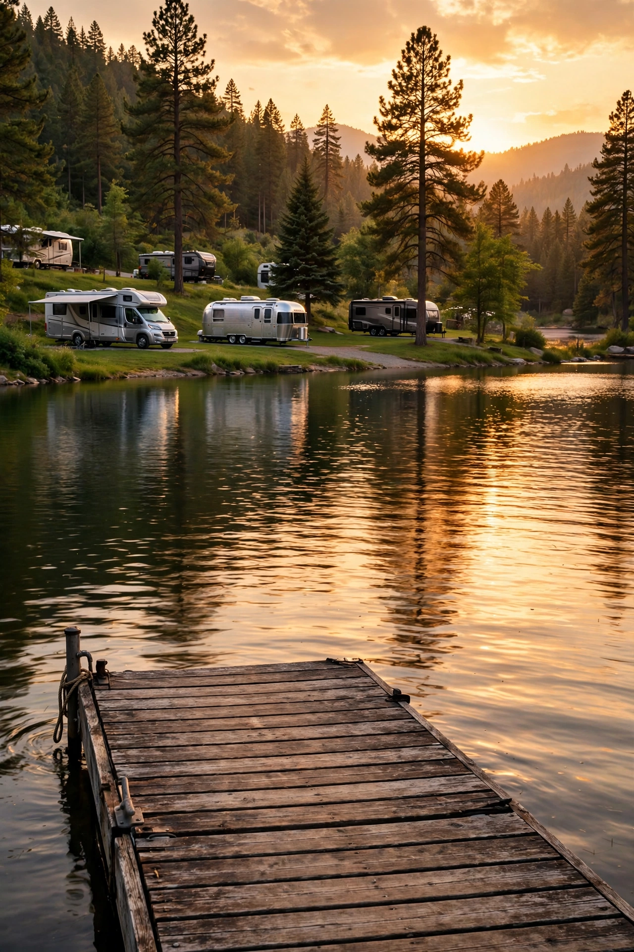 Lakeside RV park at golden hour with motorhomes on grassy sites