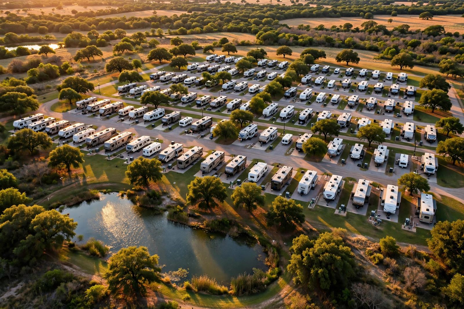 Aerial view of an RV park with full-hookup sites around a pond at sunset