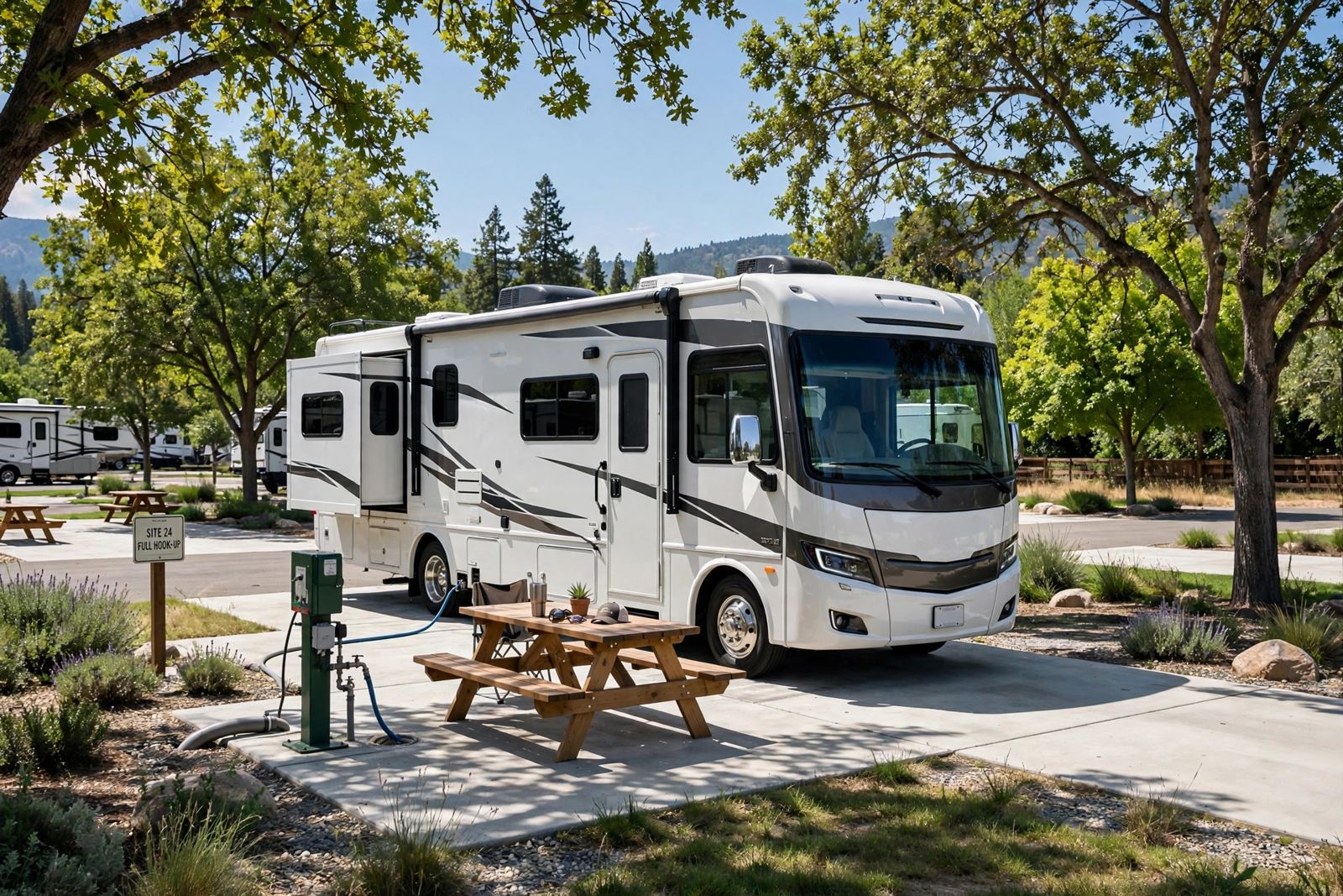 A full-hookup RV site with a concrete pad, picnic table, and shade trees