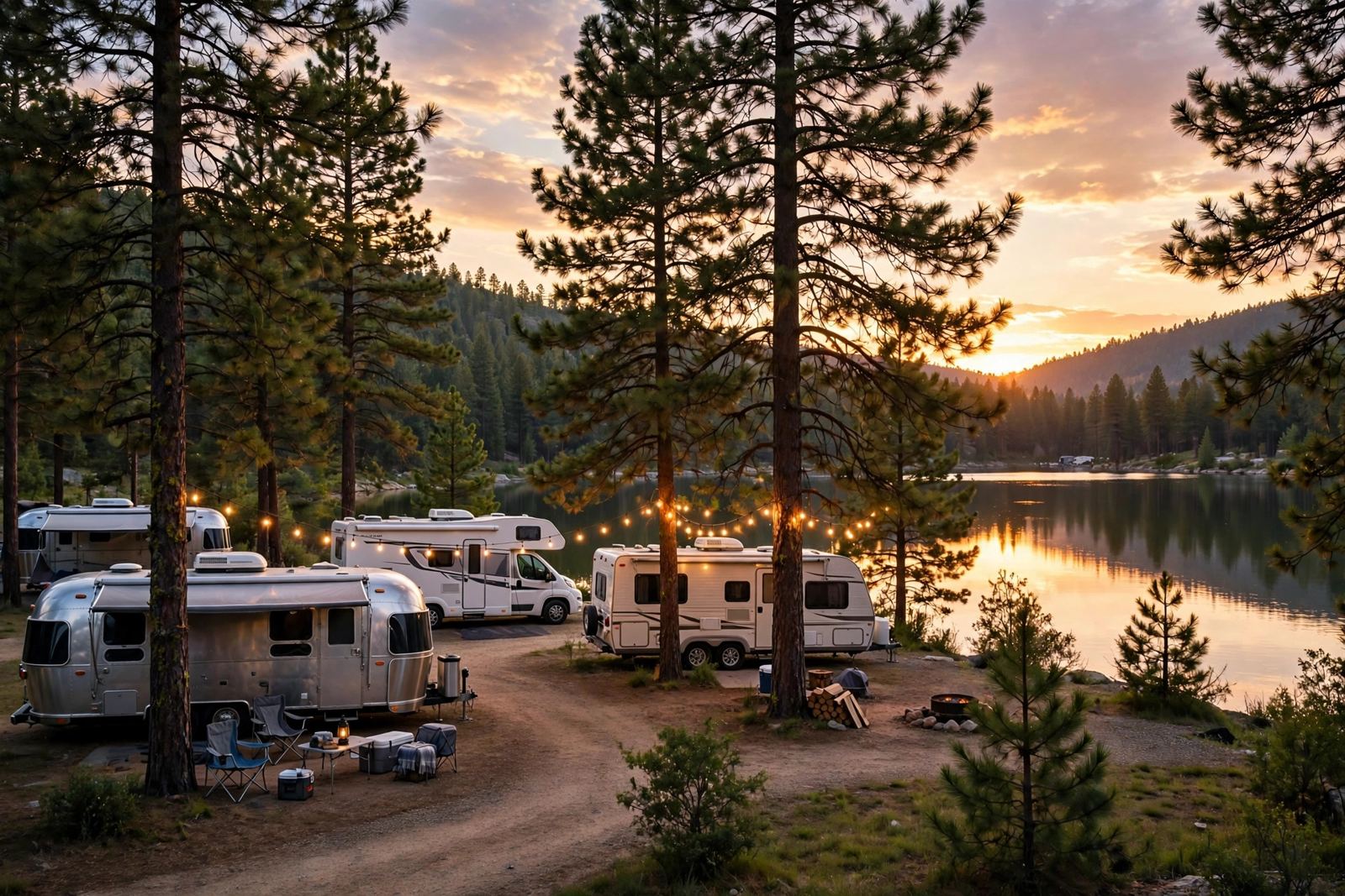 RVs camped beside a lake under pine trees at sunset