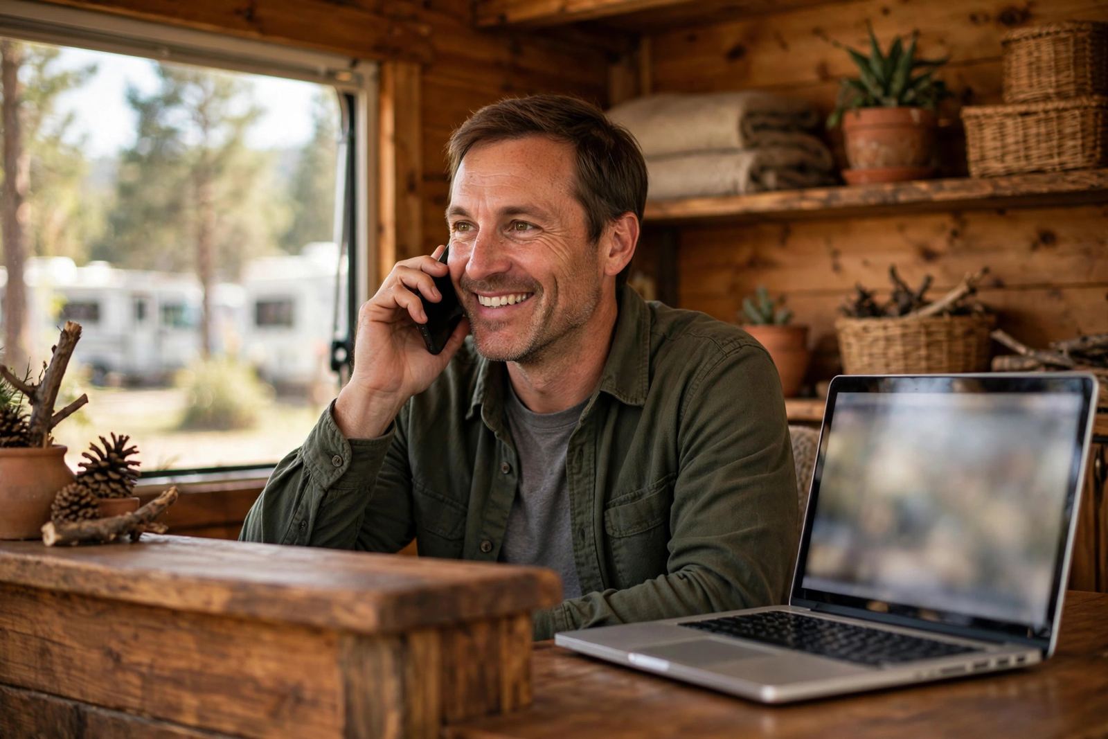 An RV park owner talking on the phone at the park office